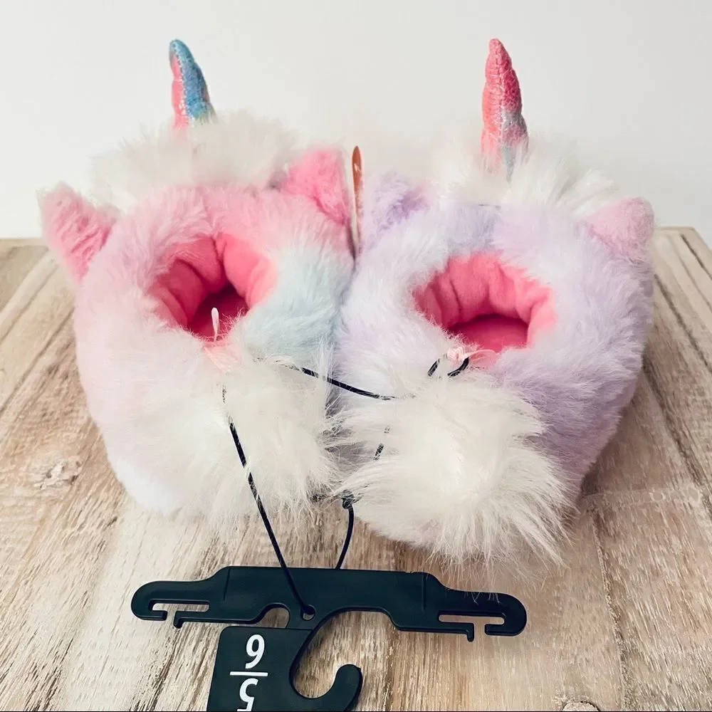 NWT Wonder Nation Pink,Lilac,Blue Toddler Girl Plush Unicorn Slippers Ruber Sole